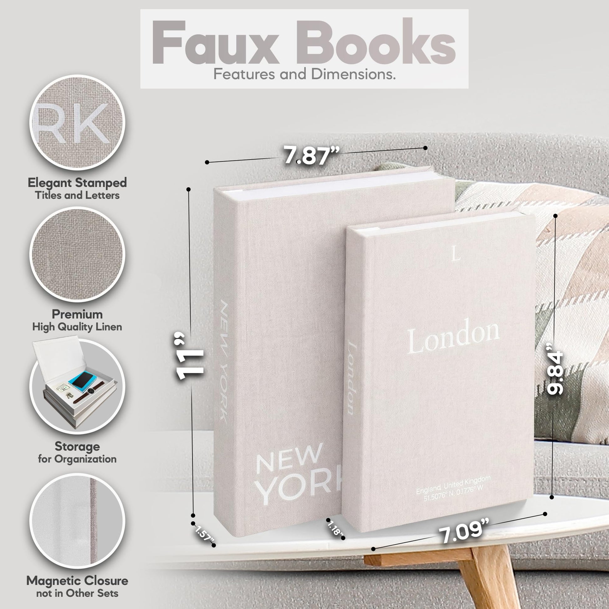 Faux books with dimensions and features on a white background