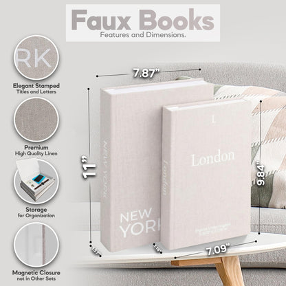 Faux books with dimensions and features on a white background